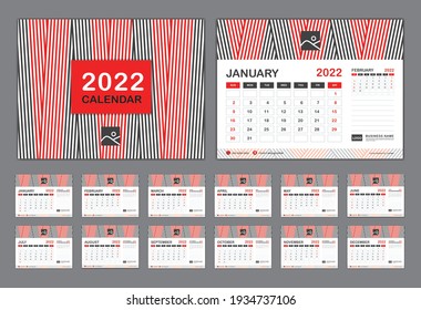 Calendar 2022 template vector, Set Desk calendar 2022 template, New year calendar in a minimal trendy style, Wall calendar design, Planner, Week start on Sunday, Set of 12 Months, Red cover design.