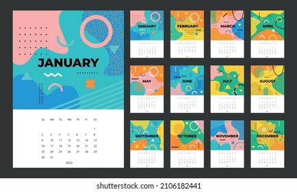 Calendar 2022 template vector, Set Desk calendar 2022, wall calendar design, Planner, Week start on Sunday, vertical layout,