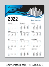 Plantilla de Calendario 2022, vector de Calendario de Paredes 2022, Diseño de Calendario de Escritorio, Inicio de Semana el domingo, Afiche, Planificador, Papelería, Impresión, ilustración vertical, concepto de fondo de ondas azules