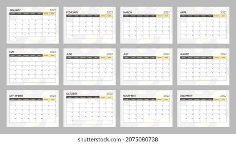 Calendar 2022 template, yellow, gray and white desk calendar design. Week start On Monday, planner, stationery, wall calendar. Vector illustration