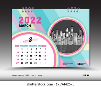 Calendar 2022  template-March month layout, Desk calendar 2022 year, calendar Planner design, Week starts on Sunday, wall calendar, stationery, organizer office, pastel background, vector eps10