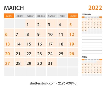 Calendar 2022 template-March 2022 year, monthly planner, Desk Calendar 2022 template, Wall calendar design, Week Start On Sunday, Stationery, printing, office organizer vector