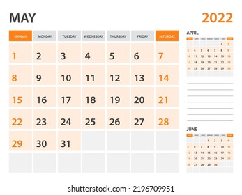 Calendar 2022 template-May 2022 year, monthly planner, Desk Calendar 2022 template, Wall calendar design, Week Start On Sunday, Stationery, printing, office organizer vector