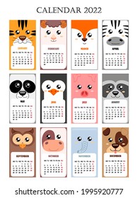 Calendar 2022 with tiger, cow, pig, sheep, fox, zebra, panda, penguin, raccoon, owl, elephant, dog