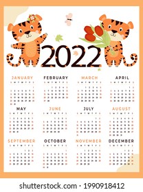 Calendar for 2022 with tiger. cute animals with flowers and butterflies. Vector illustration. 12 months calendar vertical template In English. Week starts on Sunday. Tiger symbol of year 2022