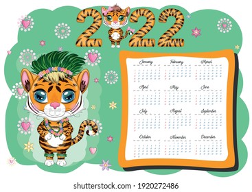 Calendar 2022. Tiger - a symbol of the new year, Cartoon tiger. Chinese horoscope calendar, horizontal A4 format, calendar for 12 months. Week starts on Sunday