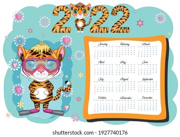 Calendar 2022. Tiger - a symbol of the new year, Cartoon tiger. Chinese horoscope calendar, horizontal A4 format, calendar for 12 months. Week starts on Sunday