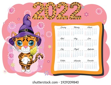 Calendar 2022. Tiger - a symbol of the new year, Cartoon tiger. Chinese horoscope calendar, horizontal A4 format, calendar for 12 months. Week starts on Sunday