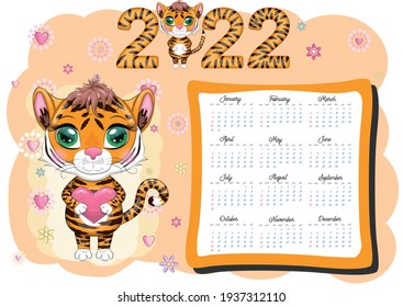 Calendar 2022. Tiger - a symbol of the new year, Cartoon tiger. Chinese horoscope calendar, horizontal A4 format, calendar for 12 months. Week starts on Sunday