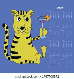 Calendar 2022. Tiger - a symbol of the new year, Cartoon tiger. Chinese horoscope calendar, calendar for 12 months. Week starts on Sunday. Vector illustration.