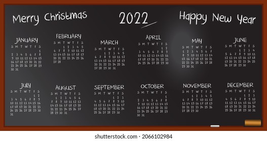 Calendar 2022 type monthly on the chalkboard. Write with white chalk. Vector illustration.