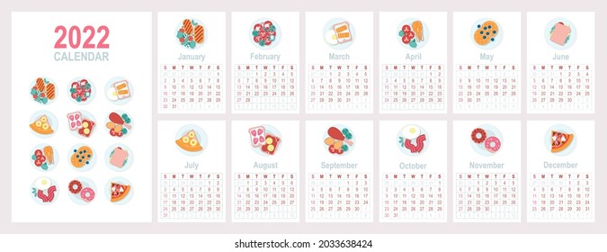 Calendar 2022 with various dishes. Vector illustration in a flat style
