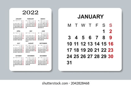 Calendar 2022. Vector design template. Week starts on Monday.