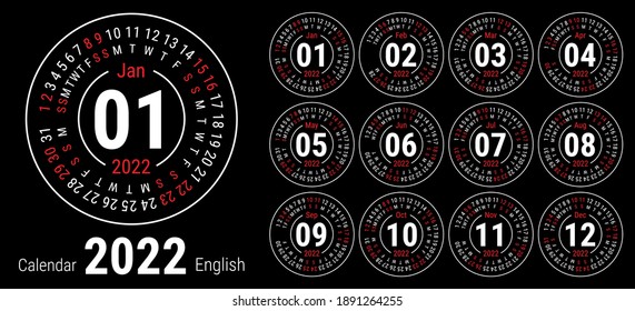 Calendar 2022. Vector English round calender. January, February, March, April, May, June, July, August, September, October, November, December. Sunday. Design template. Circle. Black color