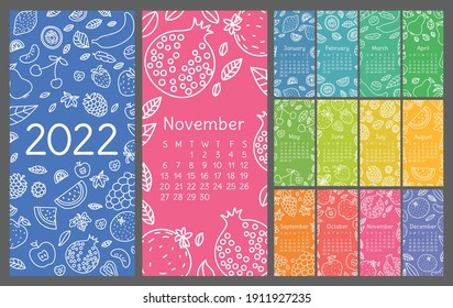 Calendar 2022. Vector English wall calender template. Fruits, berries. Lemon, kiwi, banana, pear, cherry and strawberry. Raspberry, watermelon, grapes, apple, pomegranate and mandarin