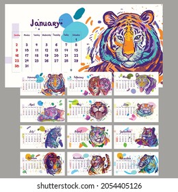 Calendar 2022 with vector illustrations of tigers. Funny tigers, paint splatter, sketchy drawing, spots, stripes . A different tiger for each month.