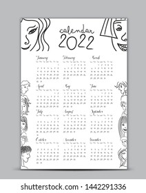 Calendar 2022 vector template, Lettering calendar, hand-drawn cartoon people vector illustration Can be used for poster, wall calendar 2022, desk calendar 2022, postcard, gift card, banner, printable