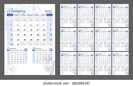 Calendar 2022. Vertical quarterly calendar in a romantic style with hand-drawn flowers. Daffodils in blue.