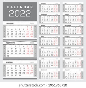 Calendar 2022. Wall quarterly calendar with week numbers. Week start from Monday. Ready for print, color - Black, Red, Silver. Vector Illustration