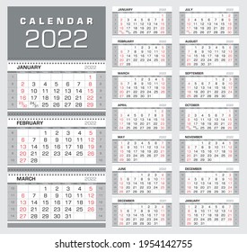 Calendar 2022. Wall quarterly calendar with week numbers. Week start from Sunday. Ready for print, color - Black, Red, Silver. Vector Illustration