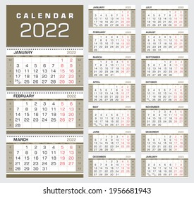 Calendar 2022. Wall quarterly calendar with week numbers. Week start from Monday. Ready for print, color - Black, Red, Gold. Vector Illustration