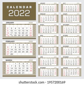 Calendar 2022. Wall quarterly calendar with week numbers. Week start from Sunday. Ready for print, color - Black, Red, Gold. Vector Illustration