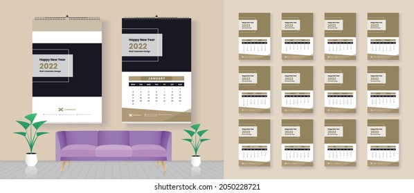 Calendar 2022, Wall calendar 2022 vector template. Set of 12 Months. Planner. Week starts on Monday. Stationery design. advertisement. Business flyer. cover. Vector Editable layout