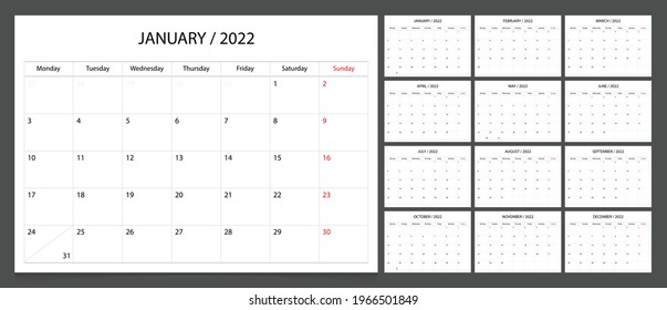 Calendar 2022 week start Monday corporate design planner template.