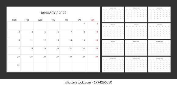 Calendar 2022 week start Monday corporate design planner template.
