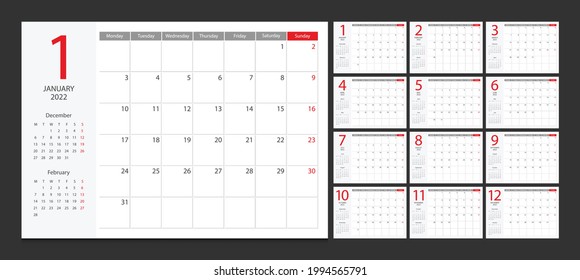 Calendar 2022 Week Start Monday Corporate Design Planner Template.