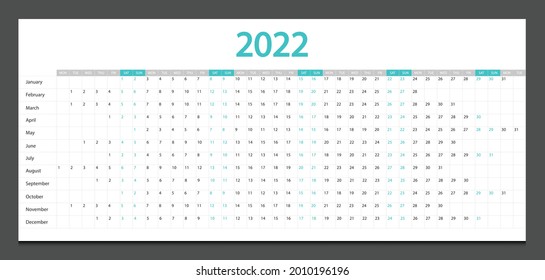 Calendar 2022 week start Monday corporate design planner template.