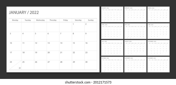 Calendar 2022 week start Monday corporate design planner template.