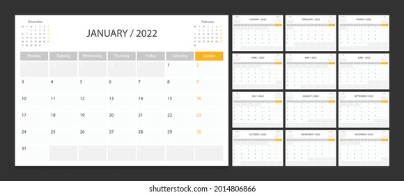 Calendario 2022 semana inicio lunes planeamiento de diseño corporativo.