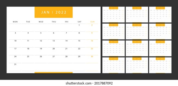 Calendar 2022 week start Monday corporate design planner template.