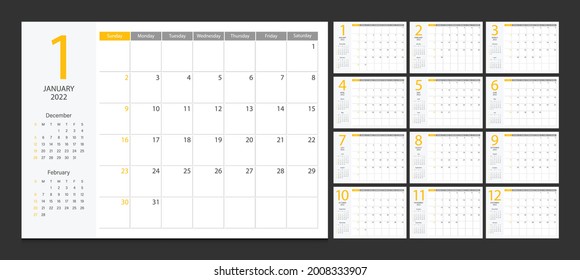 Calendar 2022 week start Sunday corporate design planner template.