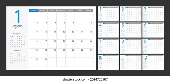 Calendar 2022 week start Sunday corporate design planner template.