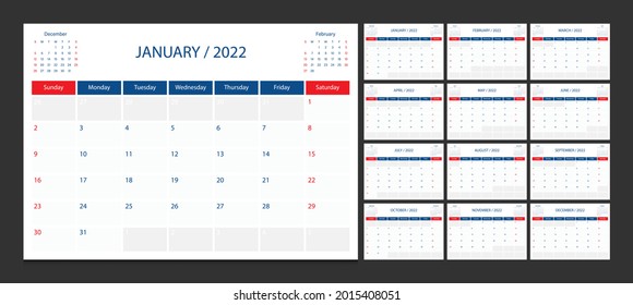 Calendar 2022 week start Sunday corporate design planner template.