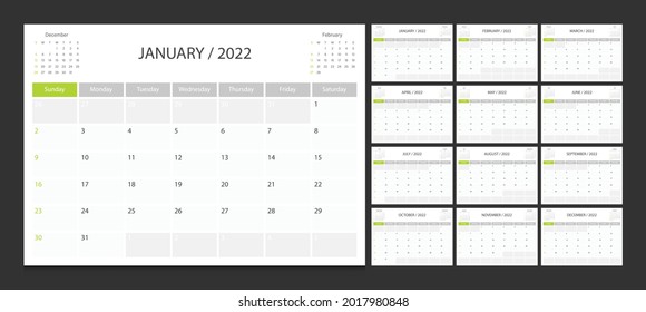 Calendar 2022 week start Sunday corporate design planner template.