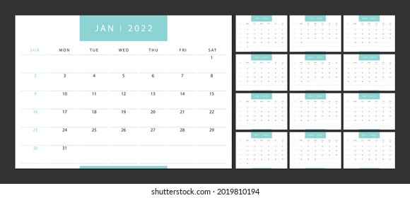 Calendar 2022 week start Sunday corporate design planner template.