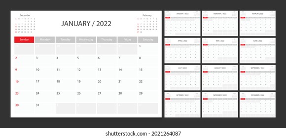 Calendar 2022 week start Sunday corporate design planner template.