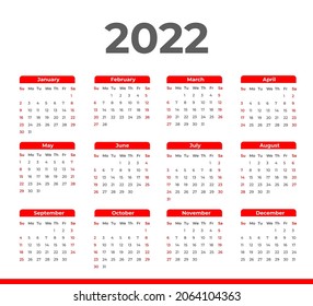 Calendar 2022, calendar 2022 week start Sunday corporate design planner template, 2022 wall calendar design with red color.
