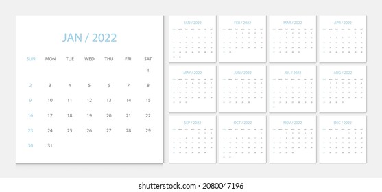 Calendar 2022 week start Sunday corporate design template vector.