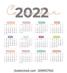 Calendar 2022 week start Sunday corporate design planner template. Minimalist Design. Pastel Colour