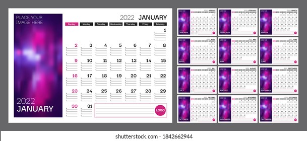 Calendar for 2022. Week starts on Sunday. Set of 12 calendar pages vector design template with place for photo.