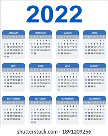 Calendar 2022. Week starts on Sunday. Basic grid. English language - template for annual calendar 2022 - black and blue colors