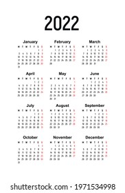 Calendar for 2022, the week starts on Monday, basic business template. vector illustration