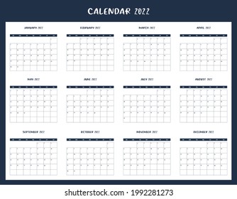 Calendar for 2022. The week starts on Sunday. All months. Calendar template design. Vector
