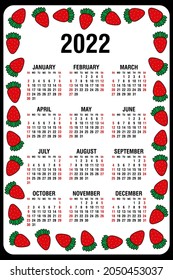 Calendar 2022. Week starts on Sunday. Vector illustration, colorful design with fruits pattern on white background.