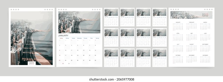 Calendar 2022. Week starts on Sunday. Vertical corporate design template vector. Wall calendar for 2022 with place for image or photo. English language.

