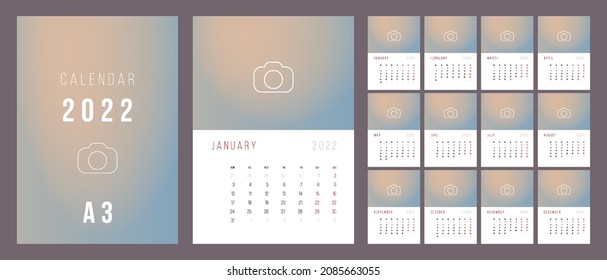 Calendar 2022. Week Starts on Monday. A3 format ready to print.  Set Desk Calendar template design with Place for Photo.  Set of 12 Months. Stationery design. Advertisement. Vector layout.